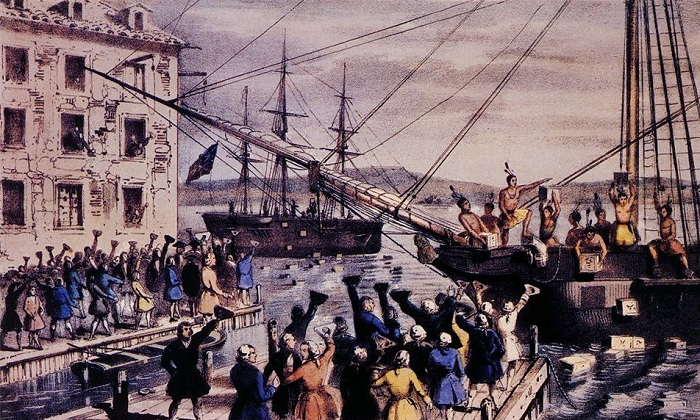 Уничтожение чая в Бостонской гавани. Литография 1846 года. | Фото: i.imgur.com.