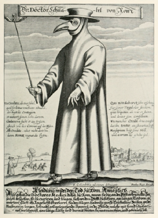 Доктор Шнабель фон Ром («Доктор Клюв Рима»), гравюра Поля Фюрста, 1656 | Фото: thevintagenews.com.
