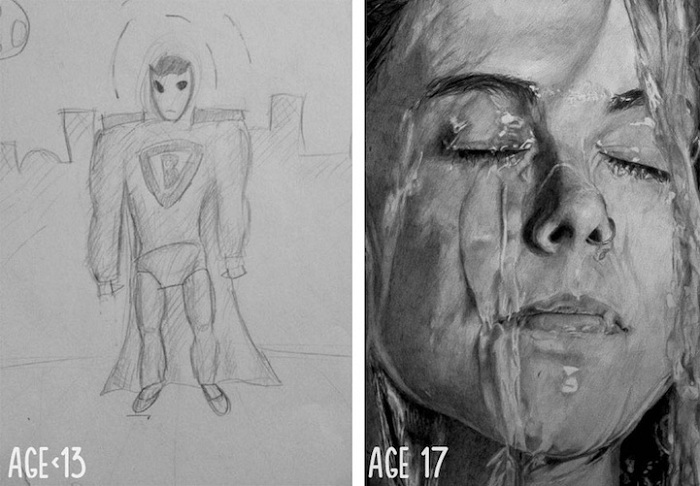 Рисунки до и после упорной практики художника.