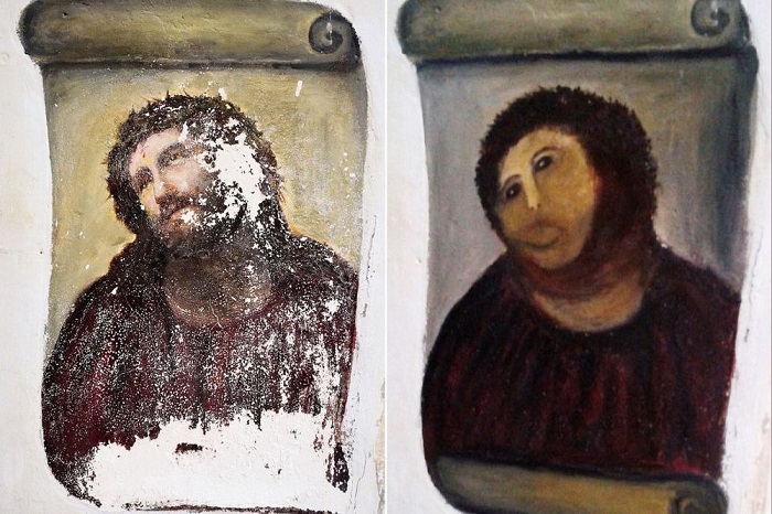 Фреска «Ecce Homo» до «реставрации» и после. | Фото: amusingplanet.com.