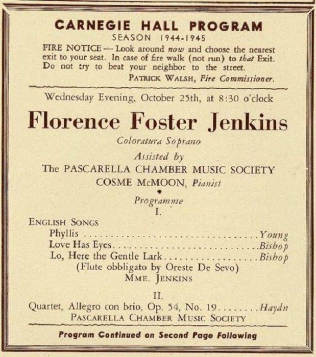 Афиша выступления Флоренс Фостер Дженкинс в 1944 году в Карнеги-холл. | Фото: thevintagenews.com.