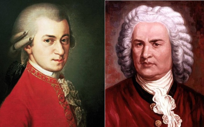 Великие композиторы Вольфганг Амадей Моцарт и Иоганн Себастьян Бах.