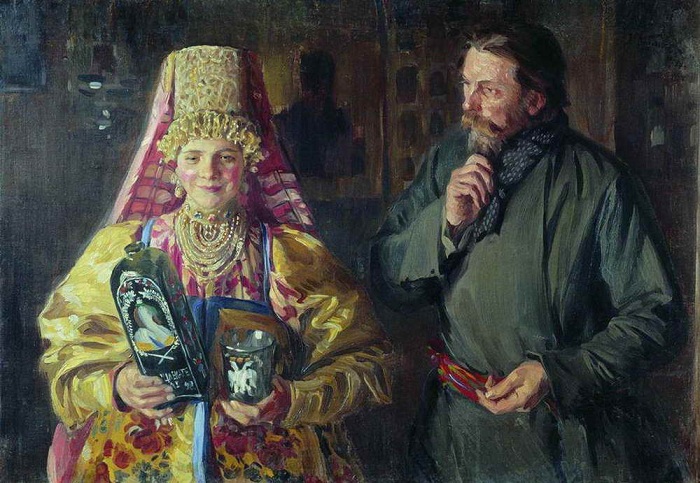 С праздником (Зарделась). И. С. Куликов, 1911 г. | Фото: artsait.ru.