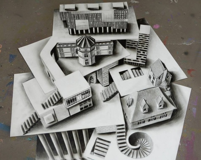 3D-рисунки, выполненные на нескольких листах бумаги.