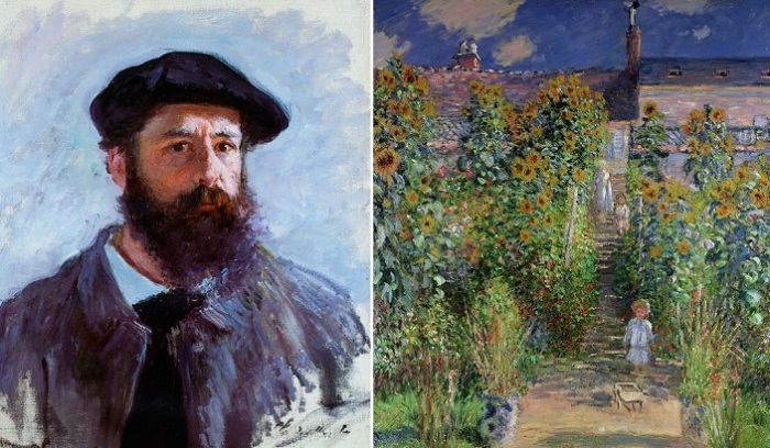 Клод Моне. Слева: Автопортрет. Справа: The Artist's Garden at Vеtheuil.