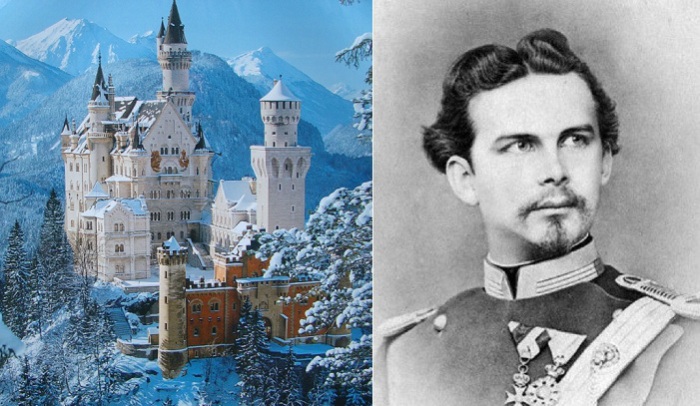 Слева: замок Нойшванштайн, справа: портрет короля Людвига II Баварского.