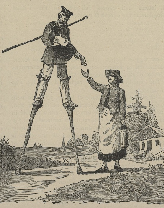 Иллюстрация середины XIX века с изображением почтальона на ходулях.