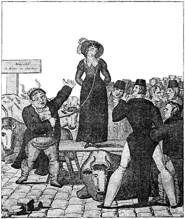 Французская гравюра 1820 года об английской продаже жены. | Фото: todayifoundout.com.