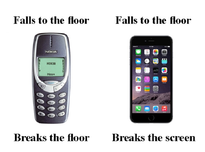 Первые модели телефона: При падении на пол ломается пол. Современные телефоны: При падении на пол разбивается экран.