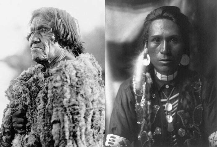 Слева: Мужчина из племени Мохаве, в одежде из кролика, 1907. Справа: Молодой мужчина из племени Якима с дисковыми серьгами из ракушек, 1910.