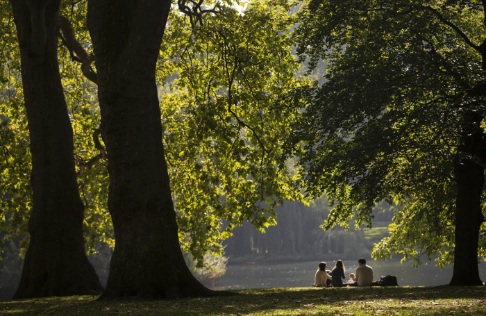 Люди наслаждаются пикником солнечным полуднем в парке Сейнт Джеймс в Лондоне. 4 октября 2015г.