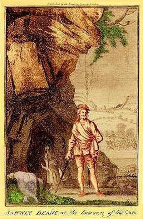 Рисунок, изображающий Соуни Бина и его жену у входа в свою пещеру.