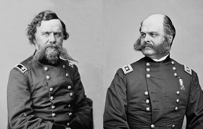 Генерал-майор Уинфилд Скотт Хэнкок (слева) и генерал-майор Эмброуз Бернсайд (справа) щеголяли эффектными усами и бакенбардами во время Гражданской войны в США.