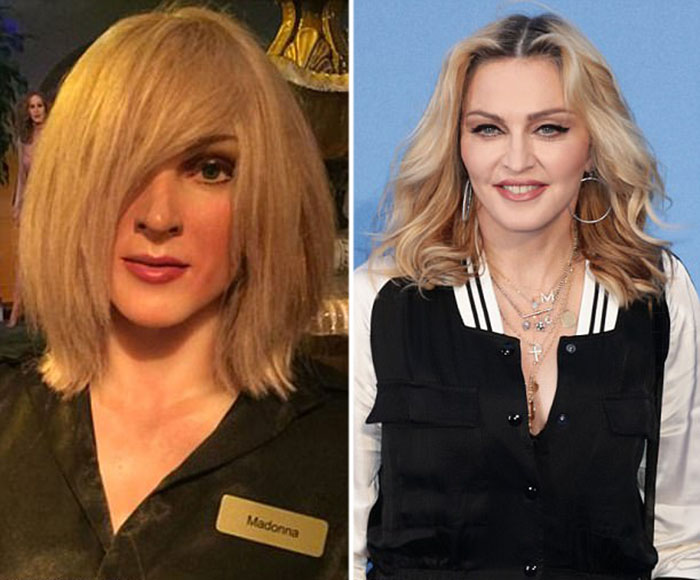 Видимо, пытаясь замаскировать непохожесть статуи на Мадонну, ей решили надеть парик, закрывающий пол-лица.
