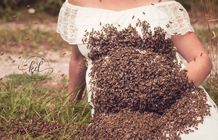 Рой из 20 000 пчел участвует в фотосессии Эмили.