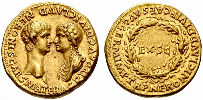 Золотой ауреус с изображением Нерона и Агриппины (матери Нерона).