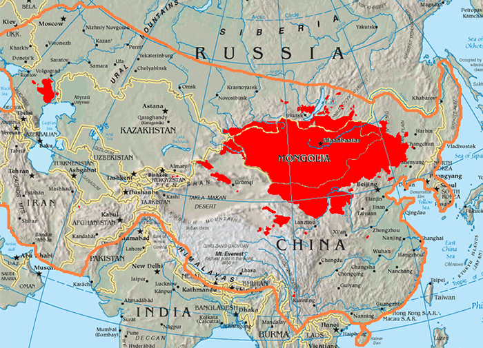 Оранжевым показаны границы Монгольской империи.