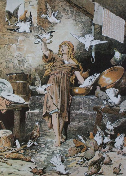 Иллюстратор Александр Зик изобразил Золушку с голубями, опираясь на историю, рассказанную братьями Гримм.