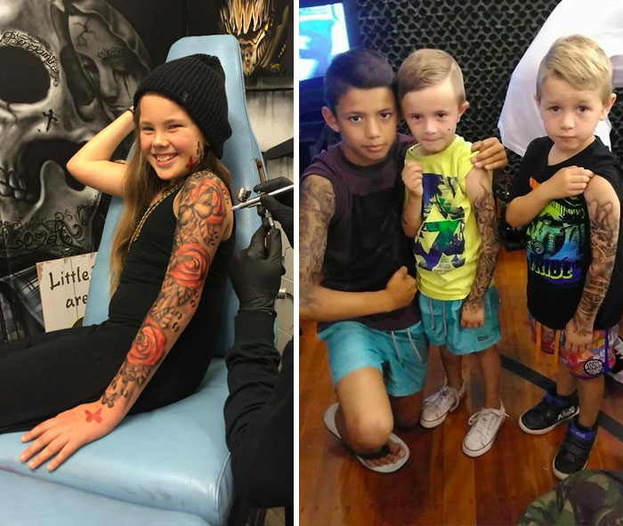 Маленькие пациенты больницы пришли к художнику, чтобы им нарисовали татуировки.