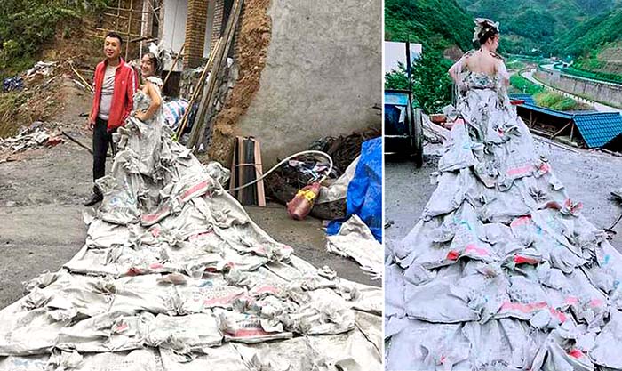 Девушка из Китая сшила себе платье из 40 мешков.
