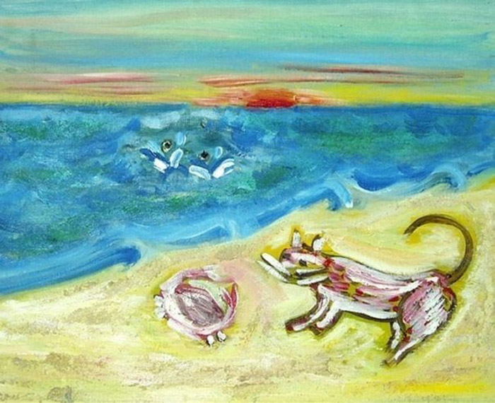 На берегу во время заката (On the shore at sunset). Автор неизвестен. Два тонущих человека остаются незамеченными на фоне драмы, разворачивающейся на берегу, где собака и краб, нарисованные одними и теми же цветами, сражаются друг с другом.