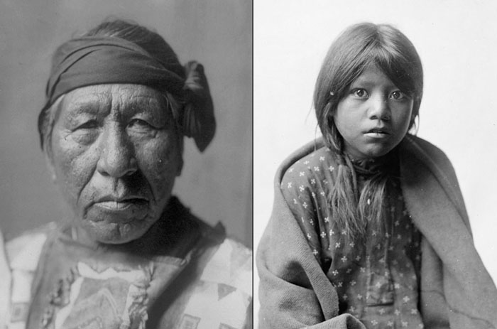 Слева: Сидящая Сова из племени Хидатса, 1908. Справа: девочка из племени Таос, 1905.