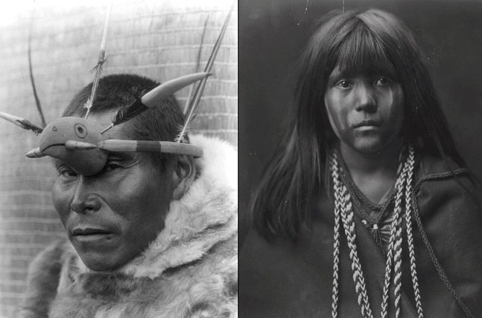 Слева: мужчина с острова Нунивак с украшением из дерева в виде головы птицы, 1929. Справа: Моса из племени Мохаве, 1903.