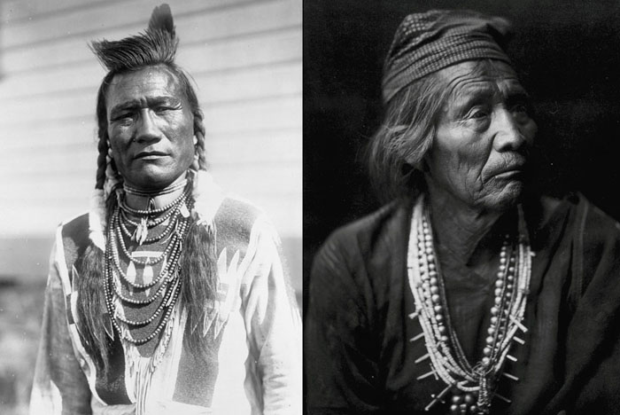 Слева: Птица-Трещотка, племя Пикани, 1910. Справа: Нешайа Хатали, знахарь Навахо, 1904.