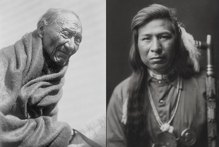 Слева: Утренний Орел из племени Пикани, 1910. Справа: Та Ит Вэй с трубкой мира, 1905.
