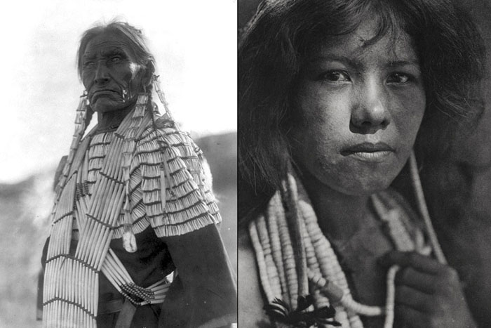 Слева: жена Медленного Быка, Дакота, 1907. Справа: девушка племени Помо, Калифорния.