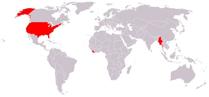 Красным цветом отмечены регионы, не использующие метрическую систему как основную.