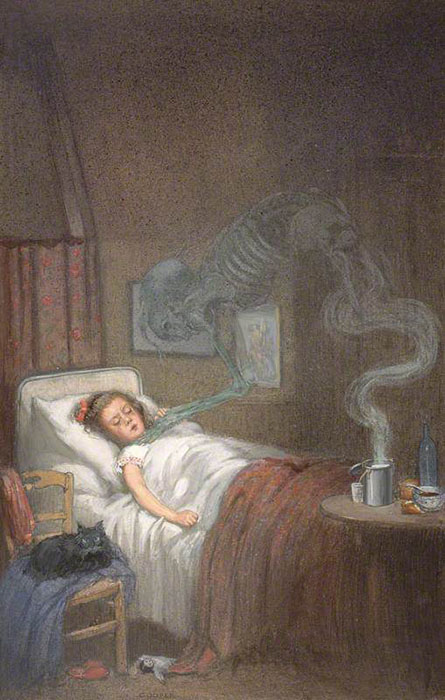Призрачный скелет, изображающий дифтерию, пытается задушить больного ребенка. Автор: Richard Tennant Cooper.