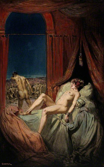 Обнаженная женщина смотрит в спину мужчине. Скелет в плаще в углу картины изображает собой сифилис. Автор: Richard Tennant Cooper.