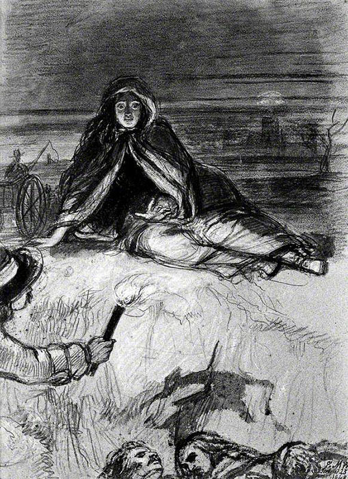 Женщина сидит на земле, смотрит на людей, убитых чумой. Автор: Edward Matthew Ward.