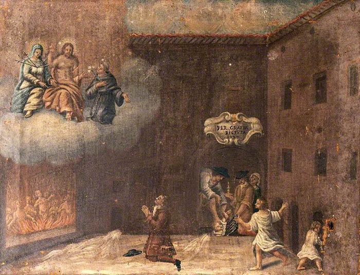 Мужчина молится Деве Марии и святым, прося о спасении ребенка, упавшего в яму. Автор неизвестен, 1727 год.
