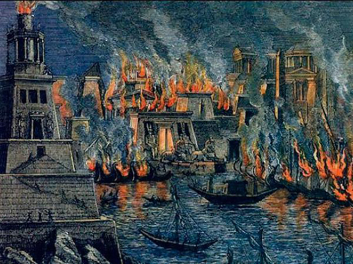 Пожар в Александрийской библиотеке.