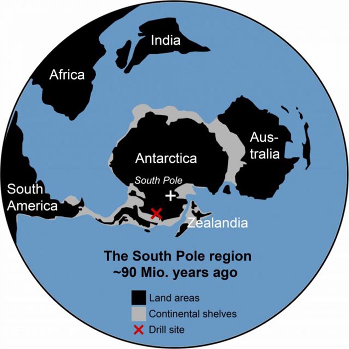 Упрощённая обзорная карта южной полярной области около 90 миллионов лет назад.