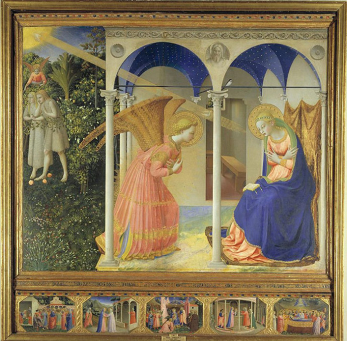 Фра Анджелико написал Благовещение на предыдущих алтарных произведениях; в них Мария и Гавриил были окружены богатством и роскошью.