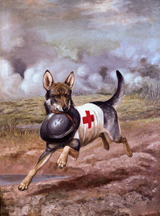 Картина Александра Поупа с изображением собаки Красного Креста с солдатской каской в зубах.