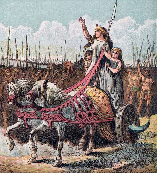 Боудикка приехала на последнее сражение на колеснице вместе со своими дочерьми.