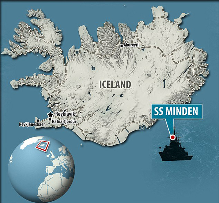 Месторасположение СС Минден у берегов Исландии.