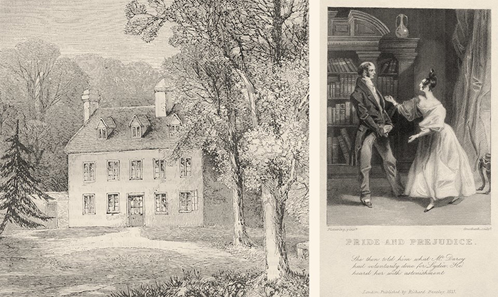 Изображения дома Джейн Остин и первая иллюстрация к роману «Гордость и предубеждение» 1830 года.