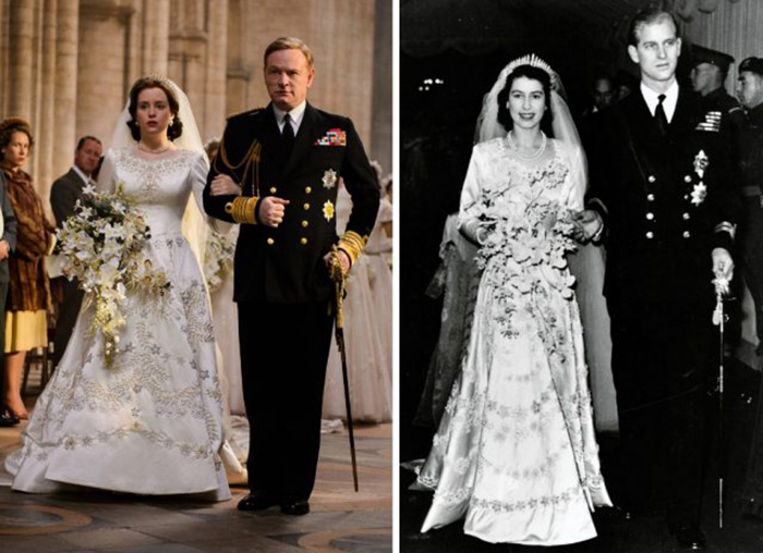 Клэр Фой (в роли королевы Елизаветы) и Джаред Харрис (в роли короля Георга VI) и настоящая свадьба 1947 год. / Фото: Netflix / MovieStills DB и Hulton Archive / Getty Images