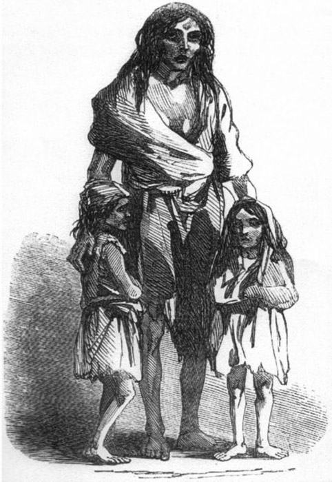 Изображение 1849 года: Бриджит О'Доннелл и её дети во время Великого ирландского картофельного голода.