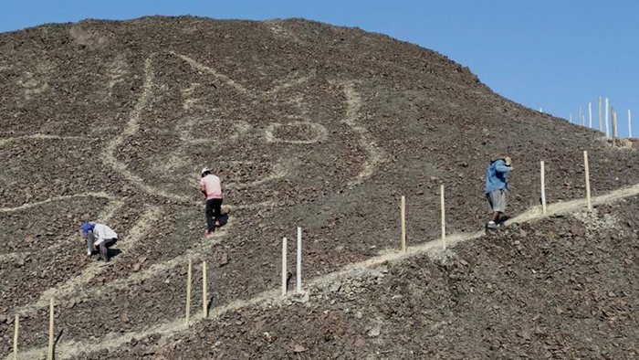 Археологи обнаружили гигантское изображение кошки во время раскопок на территории плато Наска в южной части Перу.