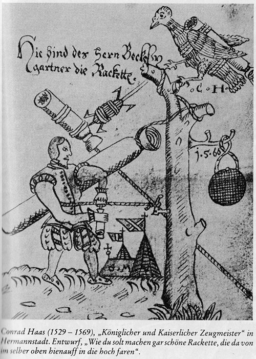 Иллюстрация из рукописи Хааса, показывающая инструменты и методы создания ракет.