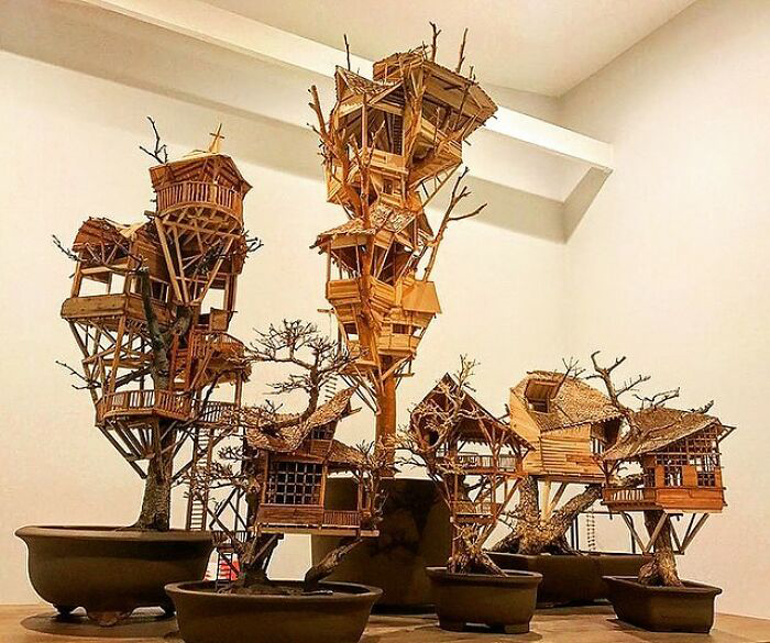 Эти невероятные домики на деревьях бонсай были созданы покойным художником Дэйвом Криком.