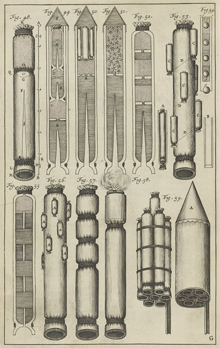 Иллюстрации Семеновича, показывающие многоступенчатые и скомпонованные ракеты.