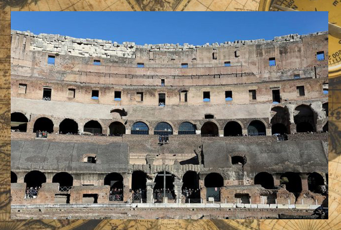 Колизей в Риме, построенный из бетона и песка, самый большой амфитеатр из когда-либо построенных и самый большой амфитеатр в Римской империи.