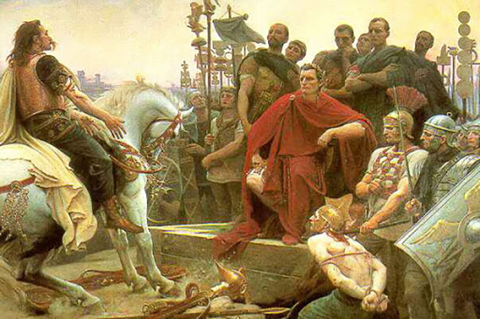 Цезарь принимает капитуляцию своего противника Верцингеторигса, картина Л. Ройера.
